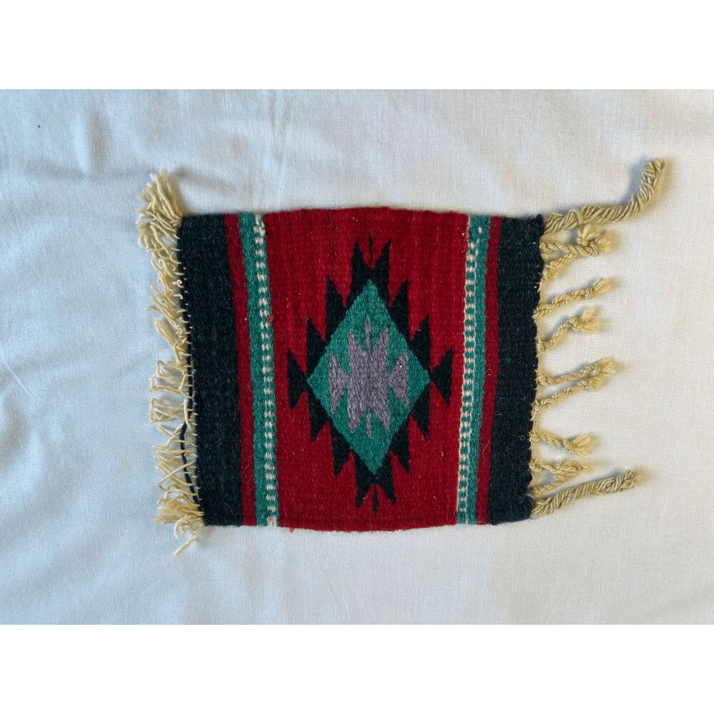 Miniature Native American Design Mat/Rug Blue/Red With Fringe, Doll Decorative
